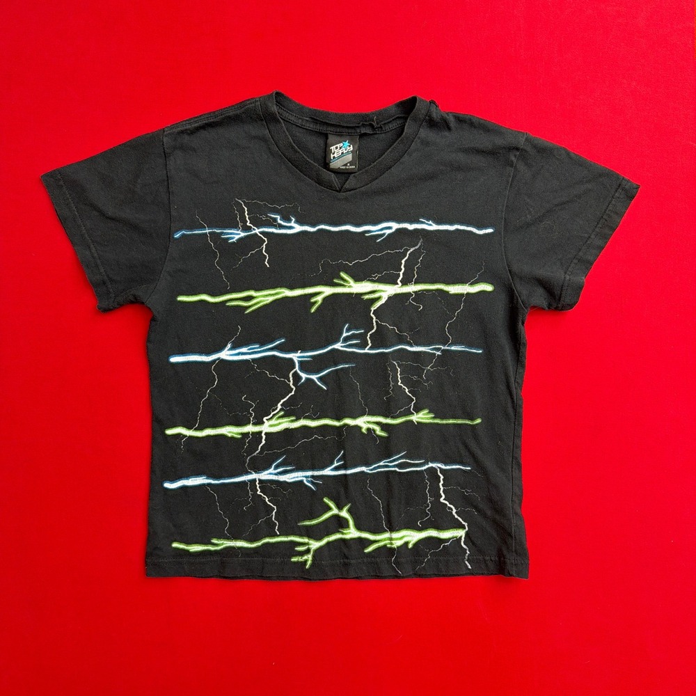 VTG Style Top Heavy Kids Lightning Bolt Graphic T-Shirt Black V-Neck Size Medium